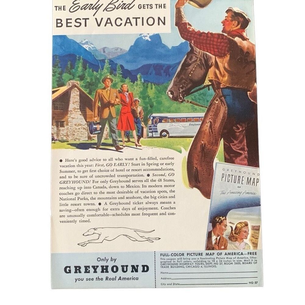 Vintage 1947 Greyhound Early Bird Gets the best Vacation Ad Advertisement